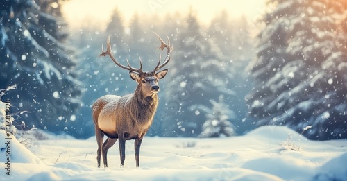 Noble Male Deer in a Winter Snow Forest. AI generated illustration.