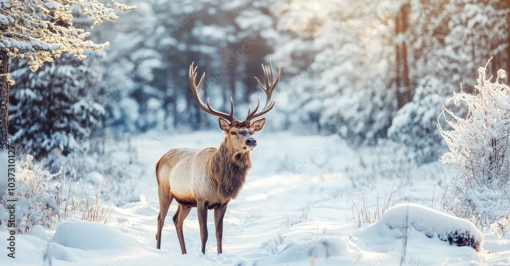 Noble Male Deer in a Winter Snow Forest. AI generated illustration. Noble Male Deer in a Winter Snow Forest. AI generated illustration.