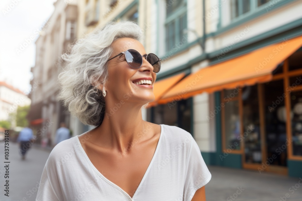 beauty, fashion and people concept - smiling woman in sunglasses over city street background beauty, fashion and people concept - smiling woman in sunglasses over city street background
