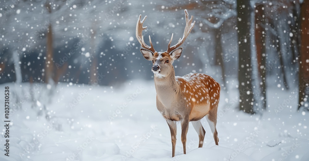 Noble Male Deer in a Winter Snow Forest. AI generated illustration. Noble Male Deer in a Winter Snow Forest. AI generated illustration.