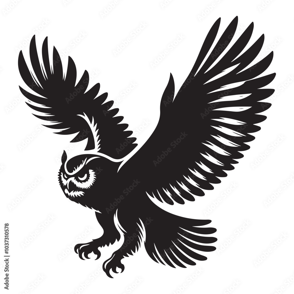 Fototapeta premium Owl in flight Silhouette vector black color white background