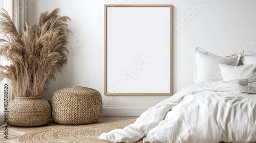 A chic, stylish bedroom showcasing an empty frame, plush bedding, woven textures, and natural light, offering a welcoming and serene environment. photo