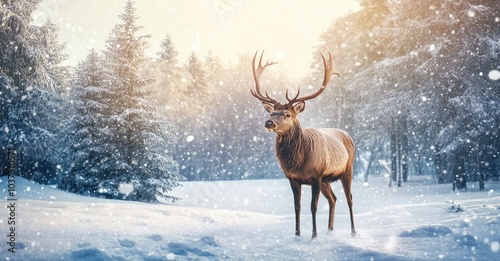 Noble Male Deer in a Winter Snow Forest. AI generated illustration.