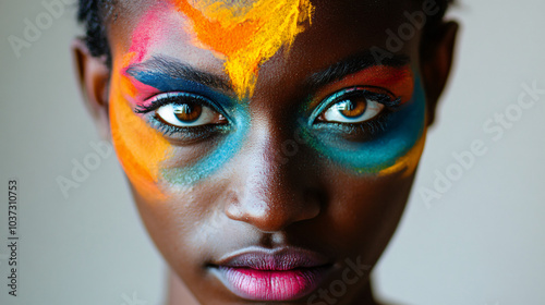 A portrait of a person with colorful makeup, showcasing artistic and creative expression.