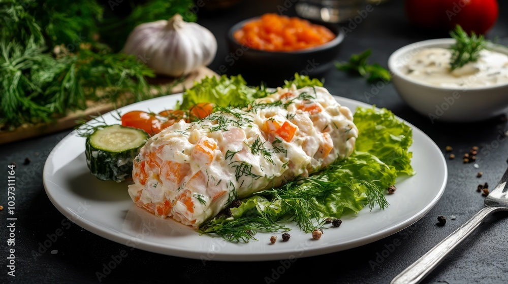 A white plate with a roll of smoked salmon with cream cheese, cucumber and dill. There is a bowl of dipping sauce, a small bowl of red caviar and fresh dill. A white plate with a roll of smoked salmon with cream cheese, cucumber and dill. There is a bowl of dipping sauce, a small bowl of red caviar and fresh dill.