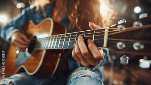 A close-up of a young musician playing an acoustic guitar, fingers on strings, with a background of blurred stage lights evoking a lively atmosphere.