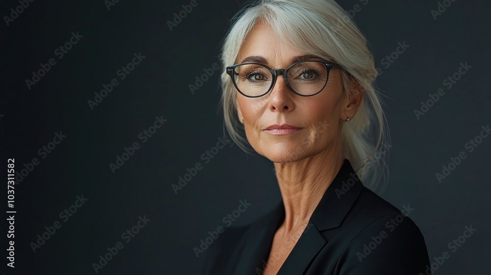Elegant Mature Woman with Glasses in Professional Setting Elegant Mature Woman with Glasses in Professional Setting