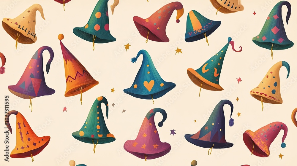 A set of colorful jester hats arranged in a playful pattern on a neutral background.