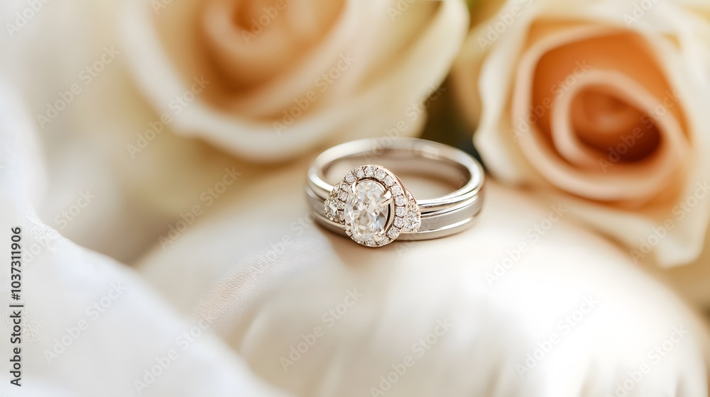 Romantic close-up of wedding rings placed on a satin pillow with roses in the background Romantic close-up of wedding rings placed on a satin pillow with roses in the background