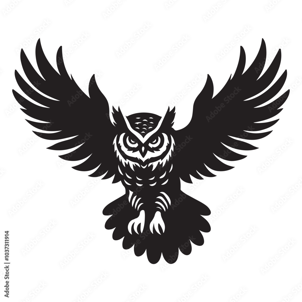 Fototapeta premium Owl in flight Silhouette vector black color white background