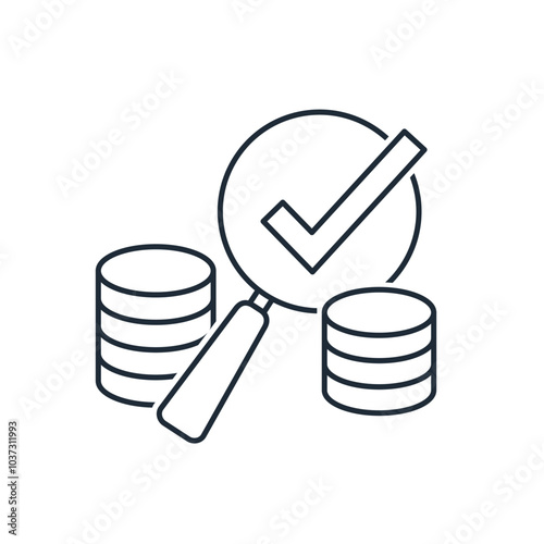 Money under a magnifying glass. Control of income, expenses.Vector linear icon isolated on white background.