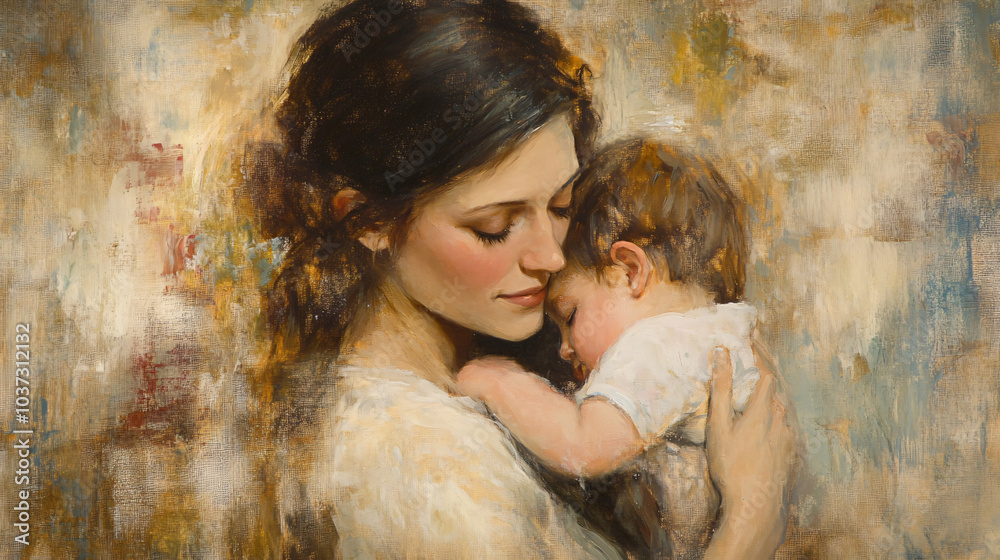 A portrait of a mother holding her child, conveying love, tenderness, and maternal connection.