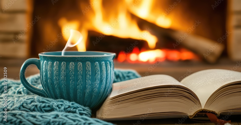 Cup and Book Near the Fireplace: A Winter Concept. AI generated illustration. Cup and Book Near the Fireplace: A Winter Concept. AI generated illustration.