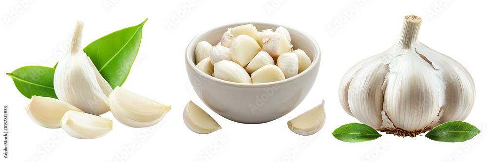 fresh garlic chop and powder isolated on transparent background fresh garlic chop and powder isolated on transparent background