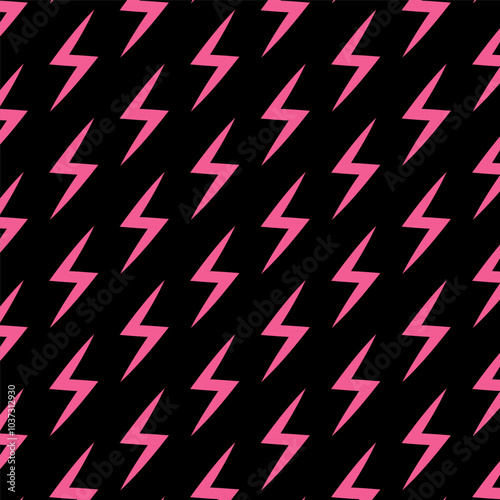 Pink spark seamless pattern.Thunder bolt repeat pattern isolated on black background.Vector graphic illustration background.