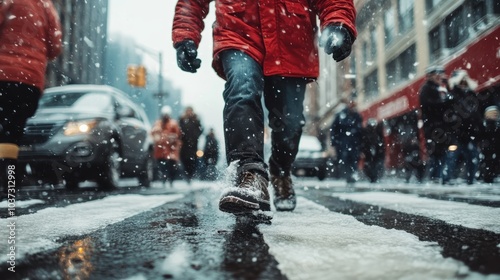 A person wearing a red coat navigates through the snowy urban streets, illustrating the busy life amidst a winter snowfall with vehicles in the backdrop. photo