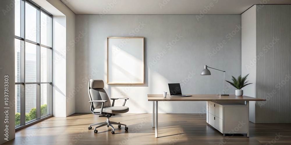 Fototapeta premium Minimalist Office Design with Blank White Poster for Creative Inspiration and Productivity