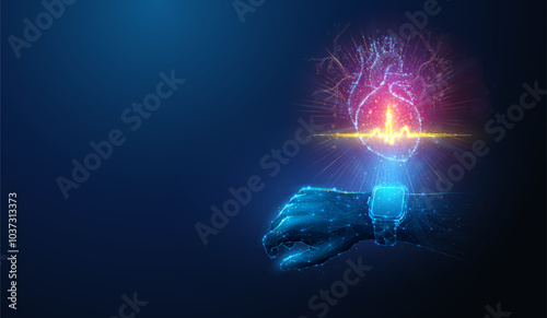 Abstract illustration of low poly smart watch with human heart hologram made of neon particles. Blue geometric background depicting heart healthcare and health monitoring medical concept by wireframe