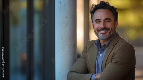 Smiling Man in Casual Attire Posing Outdoors