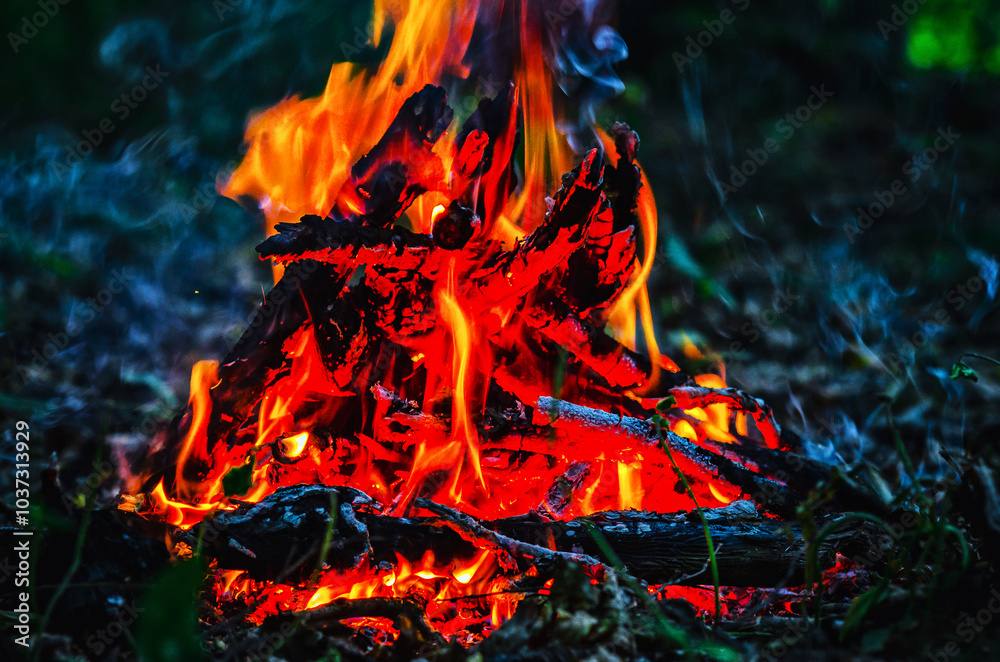 Bonfire at night on grass. Cozy warmth. Bright red tongues of fire against darkness. Shadows, smoke. Bonfire at night on grass. Cozy warmth. Bright red tongues of fire against darkness. Shadows, smoke.