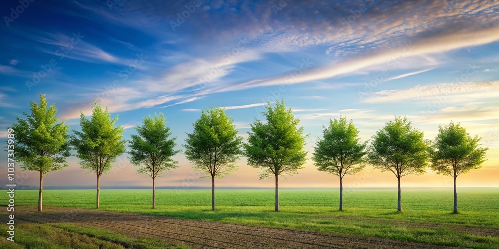 Minimalist Photography of Tree Saplings in a Straight Row Extending to the Horizon Minimalist Photography of Tree Saplings in a Straight Row Extending to the Horizon