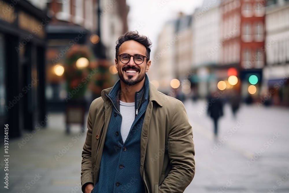 Portrait of a handsome young man walking in the city at night