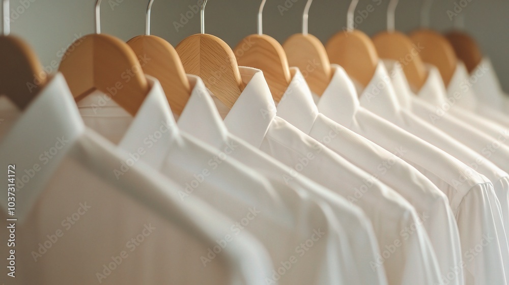Obraz premium Neatly Arranged White Shirts on Hangers