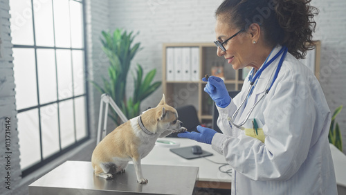 A middle-aged hispanic woman in a white lab coat interacts with a chihuahua at a veterinary clinic. photo