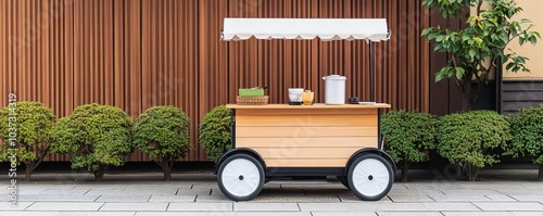 Japanese street vendor with matcha tea cart, cozy setup, rich aroma, local flavor, Japanese tea culture, street beverage photo