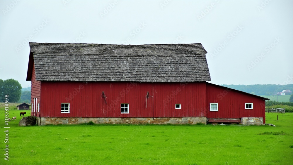 Rustic red barn in green fields with grazing livestock Rustic red barn in green fields with grazing livestock