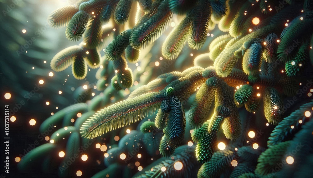Magical Pine Branches: An Ultra-Realistic 8K Digital Artwork Featuring Close-Up Green Pine Needles, Warm Golden Bokeh Lights, and a Soft, Dreamy, Festive Atmosphere