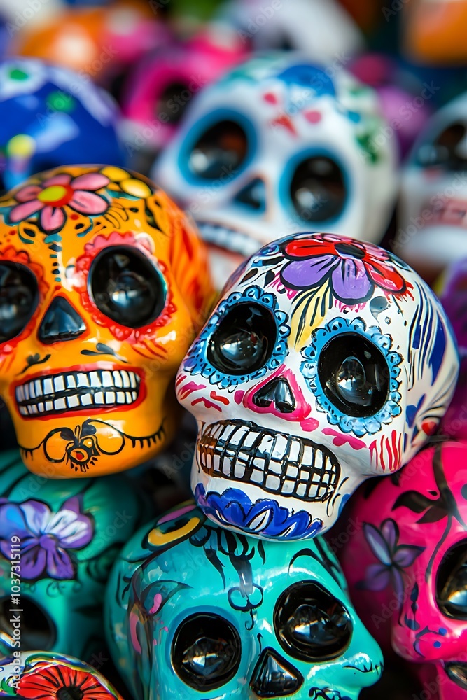 A pile of sugar skulls decorated with vibrant colors