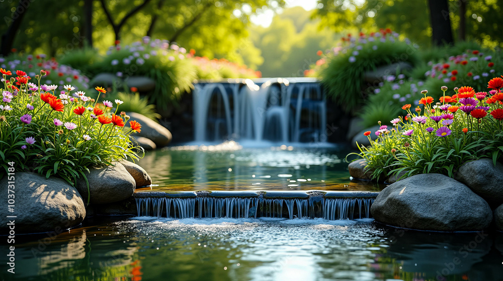 A peaceful garden is alive with colorful flowers near a cascading waterfall, where sunlight dances on the water's surface, creating a serene atmosphere