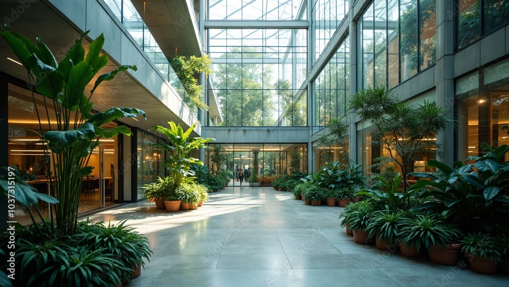 Modern office building with glass panels lush atrium and natural light Modern office building with glass panels lush atrium and natural light