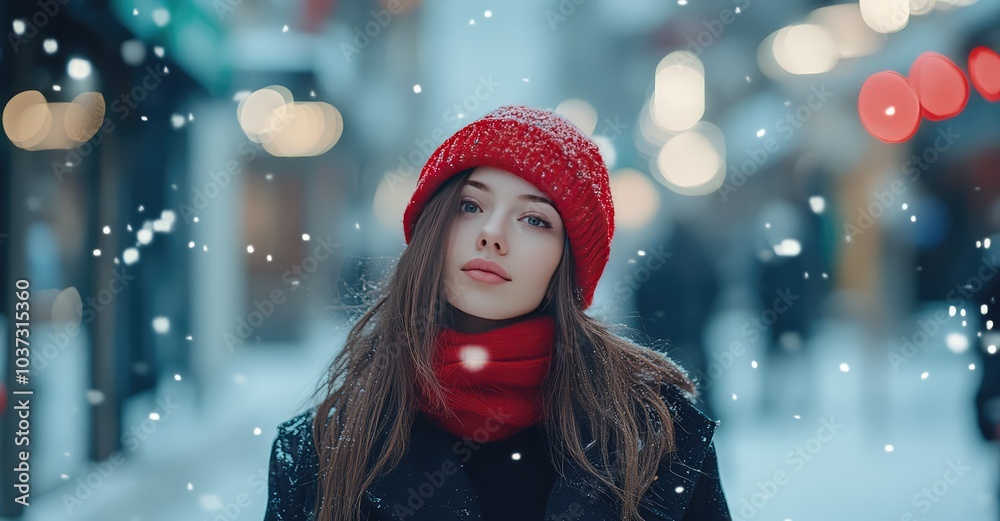 Pretty Woman Posing in Winter Town. AI generated illustration. Pretty Woman Posing in Winter Town. AI generated illustration.