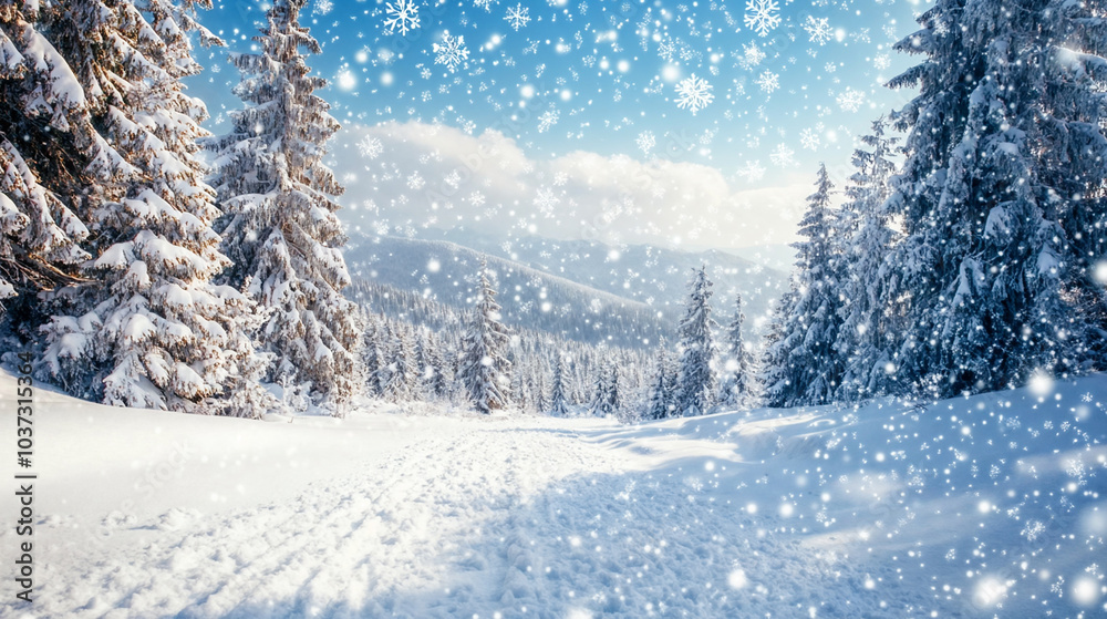 Fototapeta premium Beautiful winter landscape with snow covered trees. Winter Christmas scenic background with copy space.