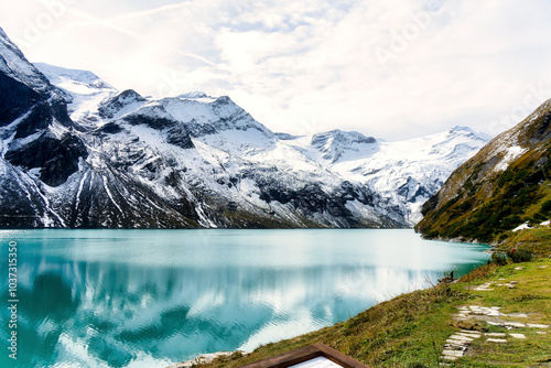 View from the Moserboden Reservoir towards the Wiesbachhorn in Austria, snow-covered