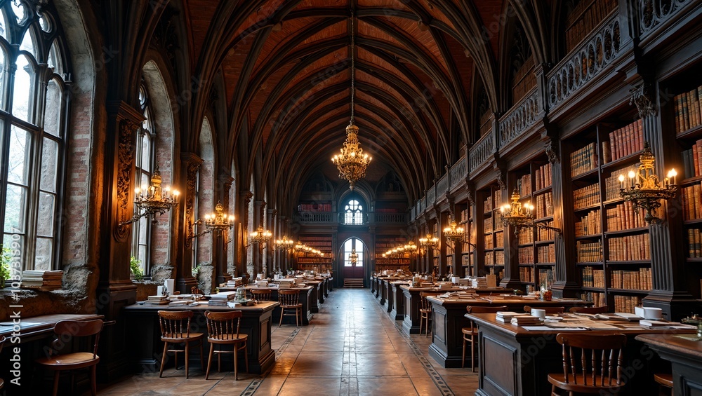 Gothic library with vaulted ceilings dark shelves of old books and elegant chandeliers Gothic library with vaulted ceilings dark shelves of old books and elegant chandeliers