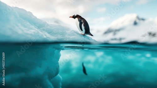 A penguin stands atop an iceberg with a stunning view of snowy mountains in the background and the blue ocean beneath, representing endurance and majesty.