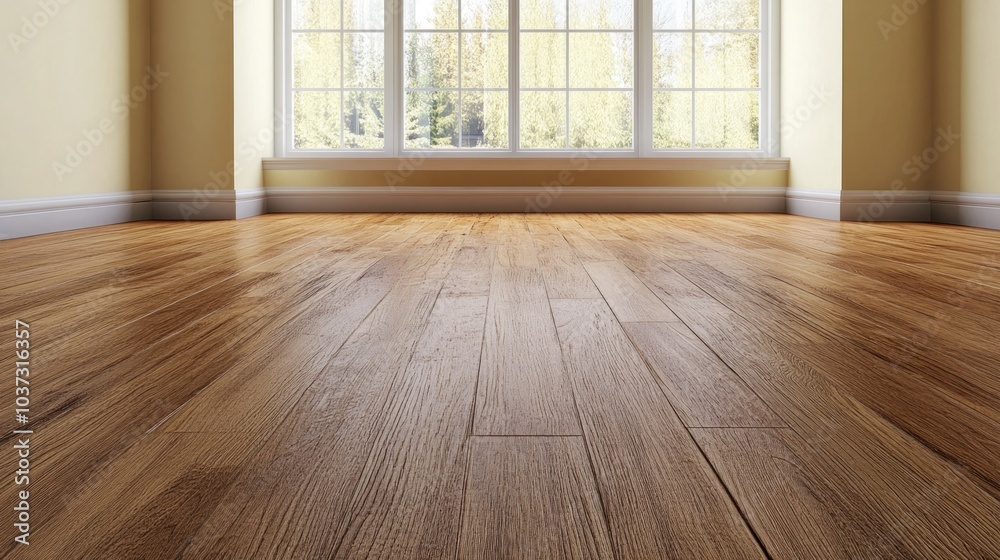 A spacious room with wooden flooring and large windows letting in natural light.