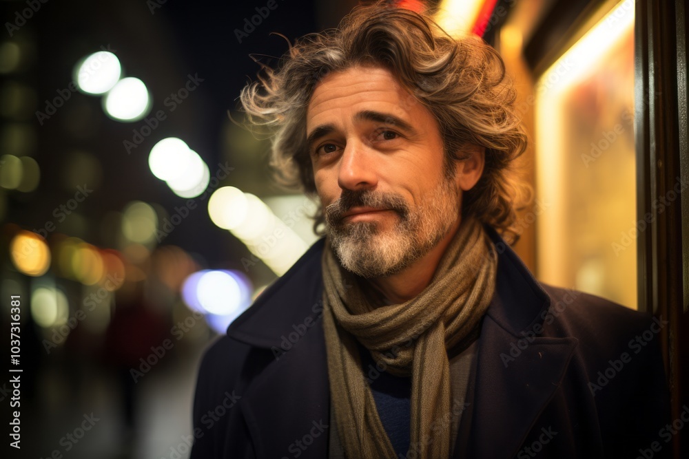 Handsome middle aged man with long wavy hair and beard wearing a blue coat and gray scarf in a city street at night Handsome middle aged man with long wavy hair and beard wearing a blue coat and gray scarf in a city street at night