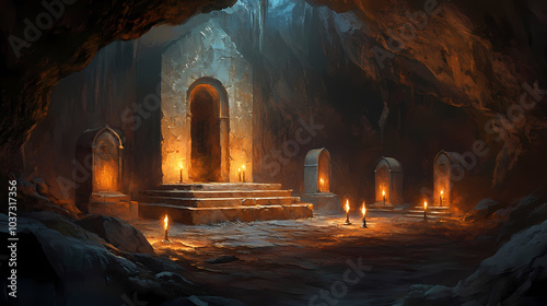 An eerie crypt scene featuring ancient tombs illuminated by flickering candles in a dark, mysterious cave. Ancient Relic. Illustration