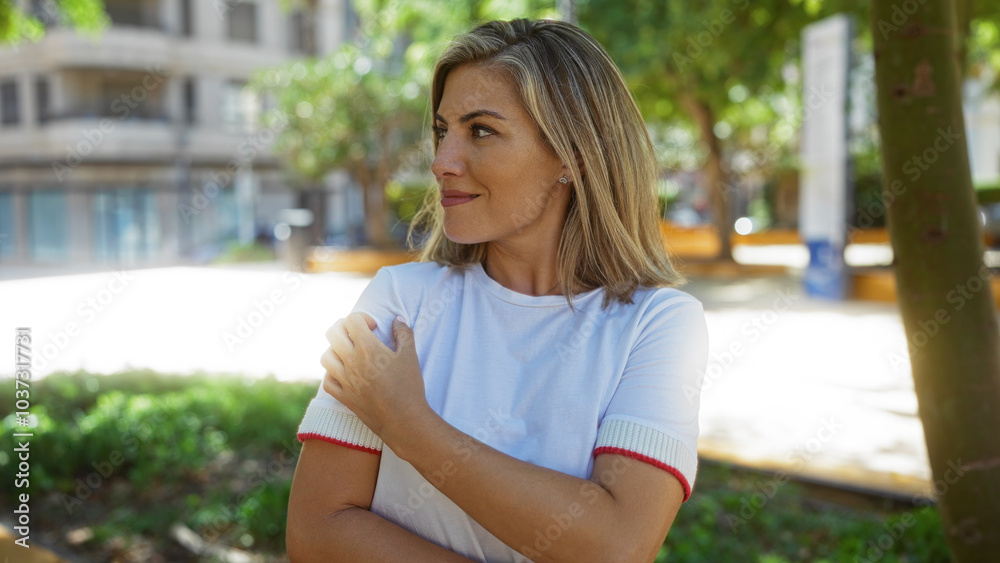 Woman smiling outdoors in urban park setting with trees and buildings in the background, exuding a casual and relaxed vibe on a sunny day Woman smiling outdoors in urban park setting with trees and buildings in the background, exuding a casual and relaxed vibe on a sunny day