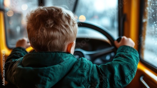 A young child is intently steering a wheel inside a bright yellow vehicle, capturing a moment of concentration and childhood joy, framed by a vivid setting. photo