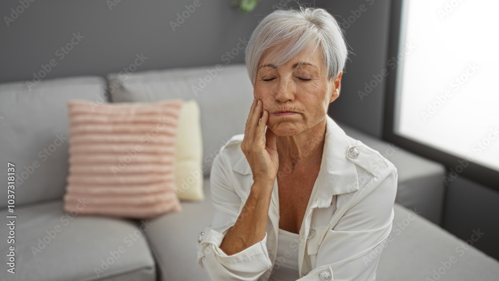 Elderly woman with grey short hair sitting in a living room holding her cheek with a pained expression. Elderly woman with grey short hair sitting in a living room holding her cheek with a pained expression.