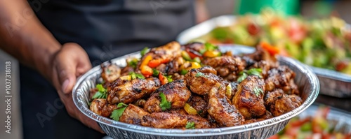 Street vendor with Caribbean jerk chicken, smoky vibe, tropical scene, rich spices, Caribbean flavors, street food experience