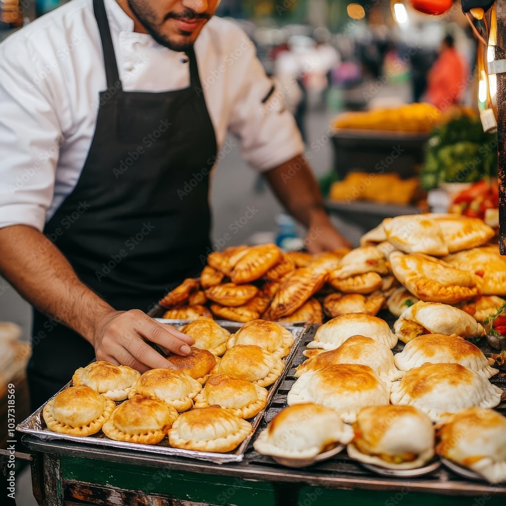 Street vendor with empanada cart, Latin American vibes, rustic market, warm flavors, comfort street food, Latin flavors Street vendor with empanada cart, Latin American vibes, rustic market, warm flavors, comfort street food, Latin flavors