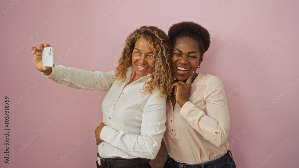 Women smiling and taking selfies together over a pink background, showcasing friendship and joy in an isolated setting Women smiling and taking selfies together over a pink background, showcasing friendship and joy in an isolated setting