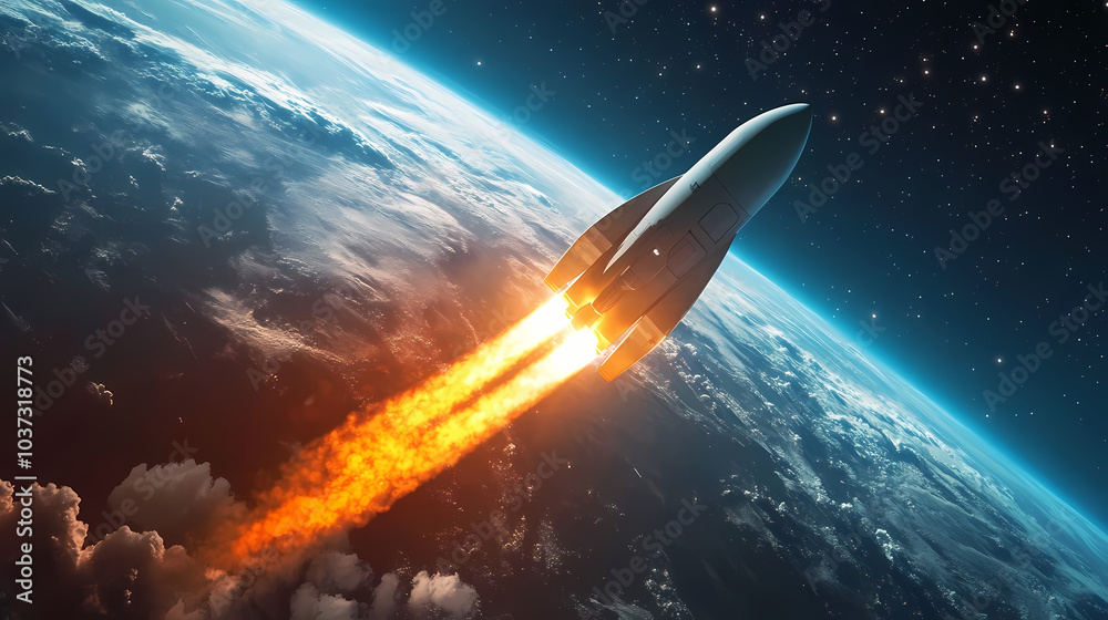 Fototapeta premium Artwork of starship above earth. Starship Launch. Illustration