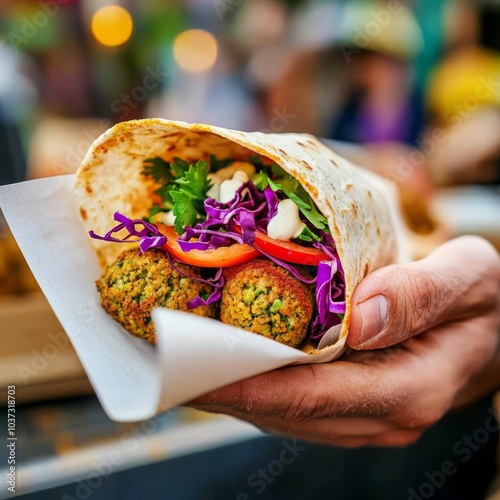 Street vendor with falafel wrap, colorful spices, Middle Eastern flavors, cozy vibe, street food wrap, vegan street food